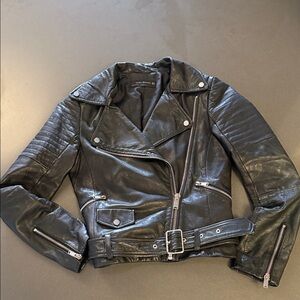 Zara Black Biker Jacket. Leather Moto Jacket w/ Zipper Details.